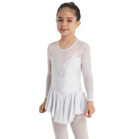 iEFiEL Girls Rhinestone Leotard Ballet Dress Mesh Splice Figure Ice Skating Dress Dance Costume