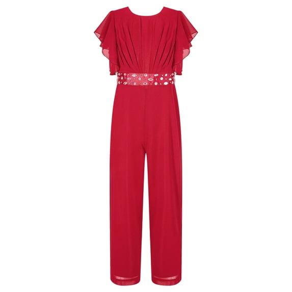 iEFiEL Girls Ruffle Cap Sleeve Jumpsuit Casual Belted Wide Leg Romper for Birthday Wedding Party Burgundy 8