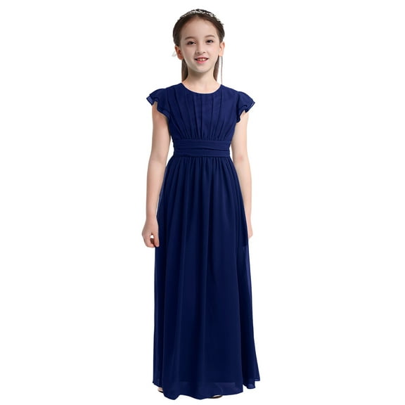 iEFiEL Girls Ruffles Bridesmaid Prom Gown Party Long Flower Girl Dress Navy Blue 12