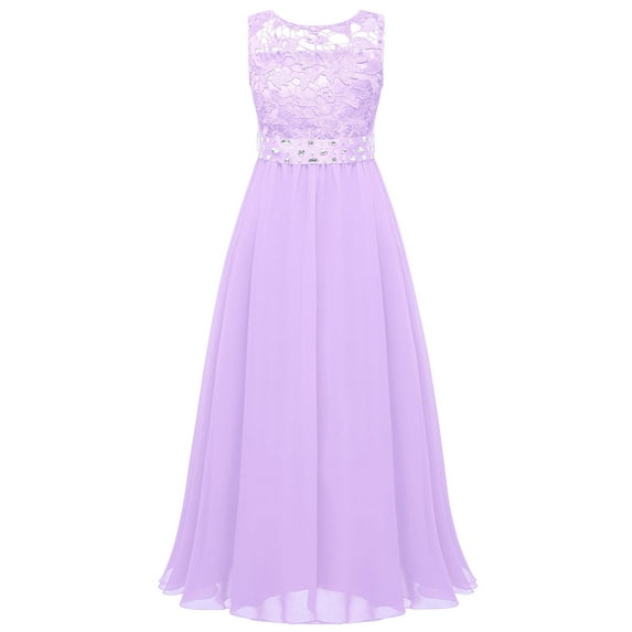 iEFiEL Girls Sequined Lace Chiffon Flower Girl Dress 2 Layers Wedding Birthday Party Dress Lavender-A 6