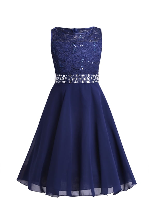 Girls Sequined Lace Chiffon Flower Girl Dress 2 Layers Wedding Birthday Party Dress Navy Blue 10