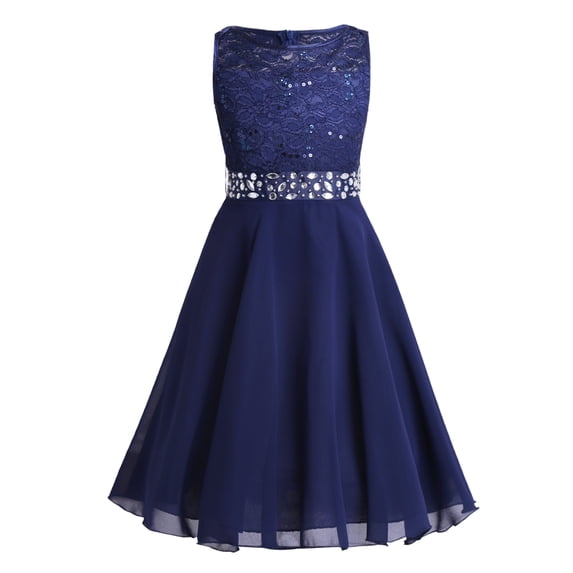 iEFiEL Girls Sequined Lace Chiffon Flower Girl Dress 2 Layers Wedding Birthday Party Dress Navy Blue 14
