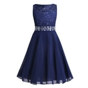 iEFiEL Girls Sequined Lace Chiffon Flower Girl Dress 2 Layers Wedding Birthday Party Dress Navy Blue 16
