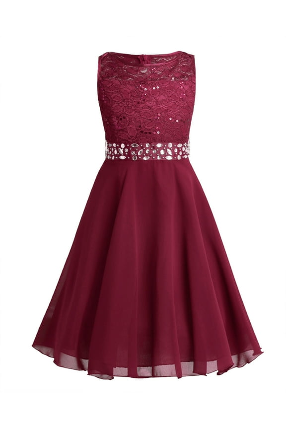 Girls Sequined Lace Chiffon Flower Girl Dress 2 Layers Wedding Birthday Party Dress Red 2