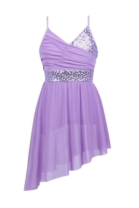 Girls Sequins Ballet Dance Dress Lyrical Modern Jazz Dance Asymmetrical Dress Lavender 8-10