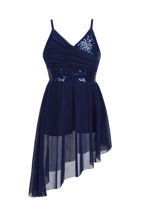 Girls Sequins Ballet Dance Dress Lyrical Modern Jazz Dance Asymmetrical Dress Navy Blue 10-12