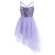 iEFiEL Girls Sequins Ballet Dress Hi-low Tulle Dance Leotard Dress Purple 10-12