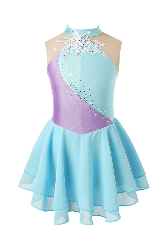 Girls Sequins Floral Gymnastics Leotard Sparkly Rhinestone Figure Ice Skating Dress