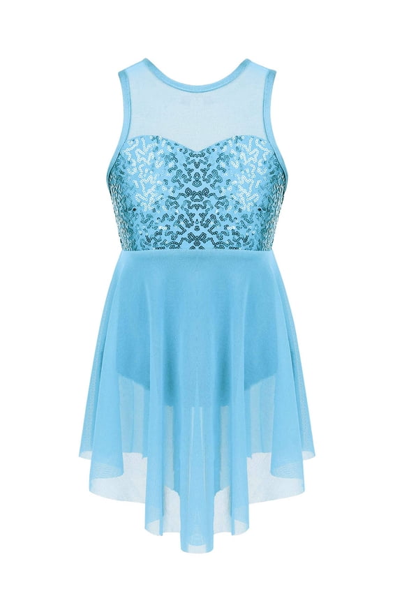 Girls Shiny Sequins Skating Dance Dress Criss-Cross Back Lyrical Dancewear