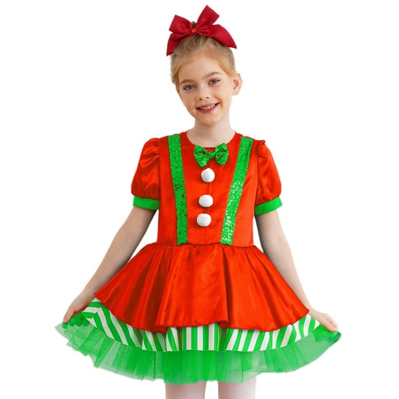 iEFiEL Girls Short Sleeve Tutu Dance Dress Figure Skating Stage Performance Christmas Elf Dress Green 8