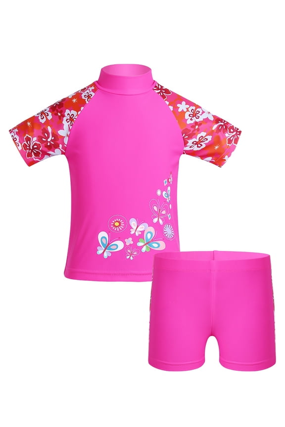 Girls Short Sleeves Rash Guard and Shorts 2pc Set Swimsuit Rose Red 5-6