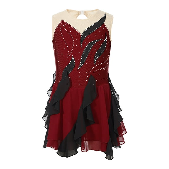 iEFiEL Girls Sleeveless Figure Skating Dress Shiny Rhinestone Rhythmic Gymnastics Ballet Leotard Dancewear Burgundy 8