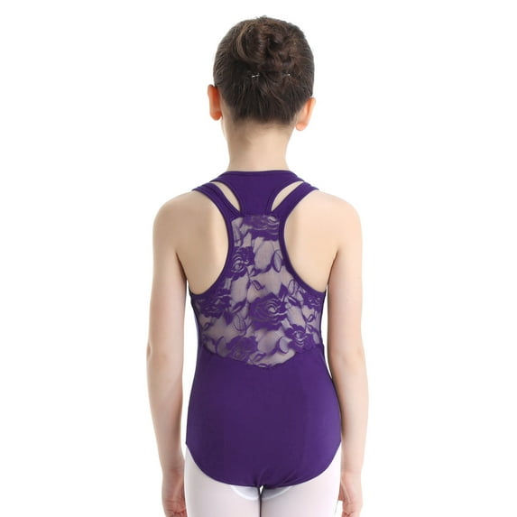 iEFiEL Girls Sleeveless Lace Back Ballet Dance Gymnastics Leotard Dark Purple S