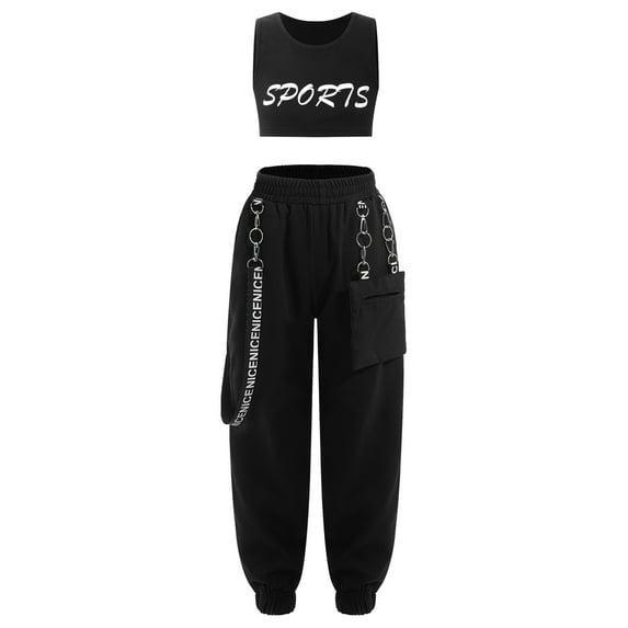 iEFiEL Girls Sleeveless Letters Printed Crop Top with Chain Pocket Pants for Street Dance Hip-Hop Performance Workout Training Black 14