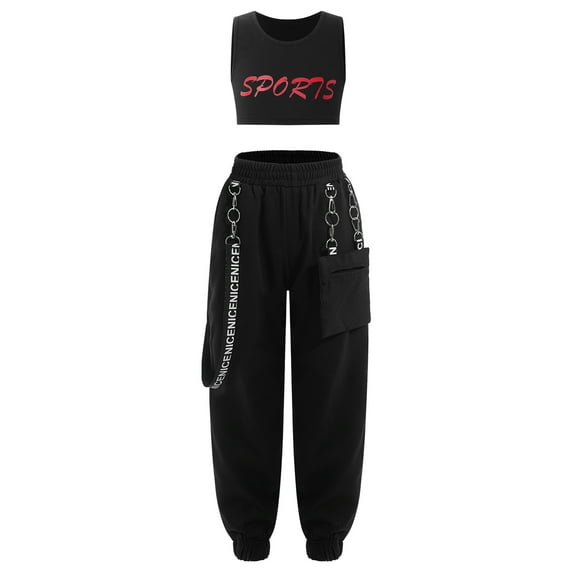 iEFiEL Girls Sleeveless Letters Printed Crop Top with Chain Pocket Pants for Street Dance Hip-Hop Performance Workout Training Red 12
