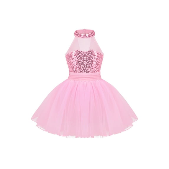 iEFiEL Girls Sleeveless Mesh Leotard Splice Sequins Ballet Dance Gymnastics Leotard Dress Pink 4-5