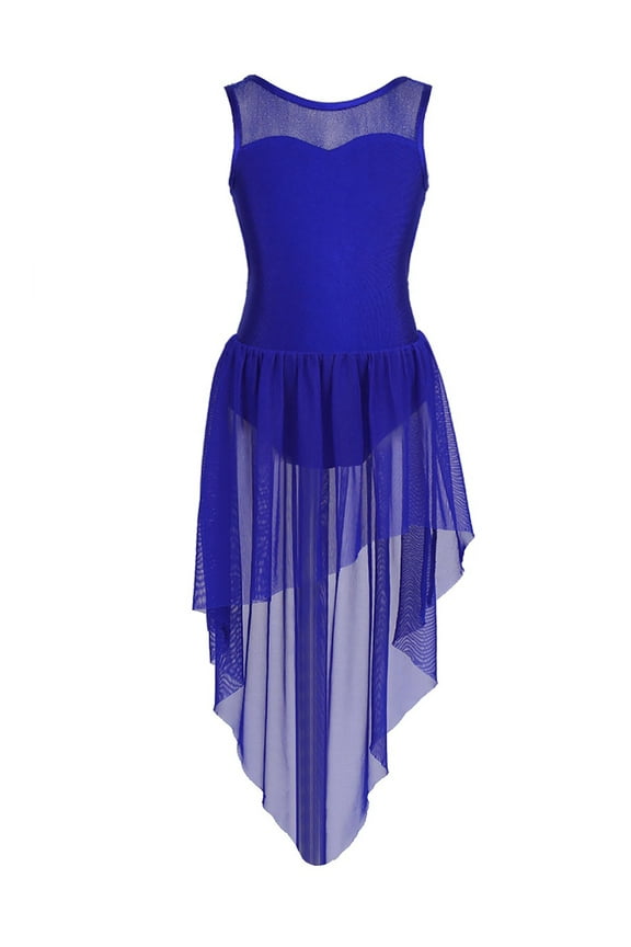 Girls Sleeveless Splice Open Back High-low Hem Ballet Dance Gymnastics Leotard Dress Blue 12