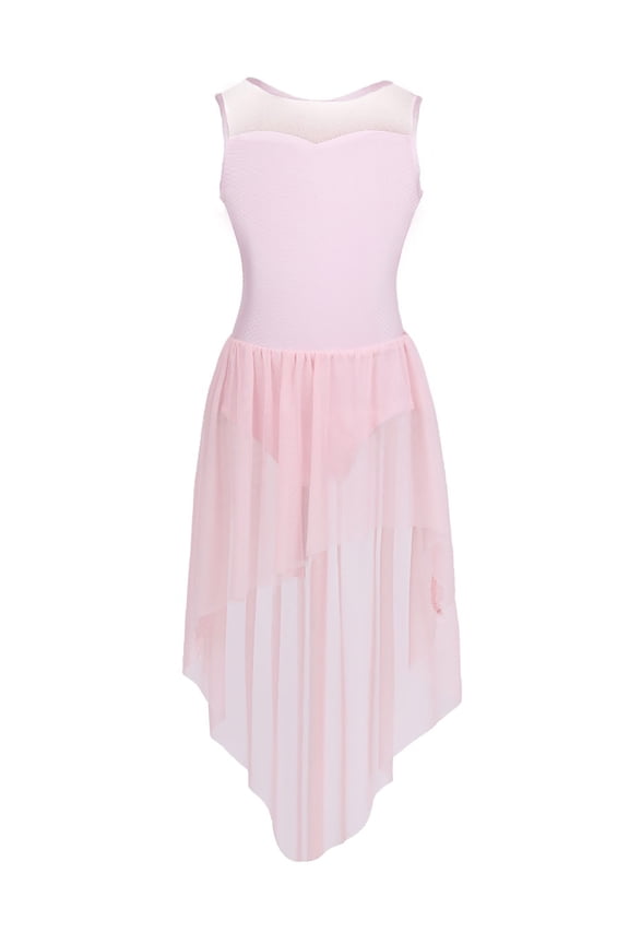 Girls Sleeveless Splice Open Back High-low Hem Ballet Dance Gymnastics Leotard Dress Pink 4