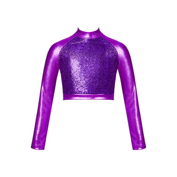iEFiEL Girls Solid Color Long Sleeves Crop Top for Dancing Stage Performance Workout Purple-A 12