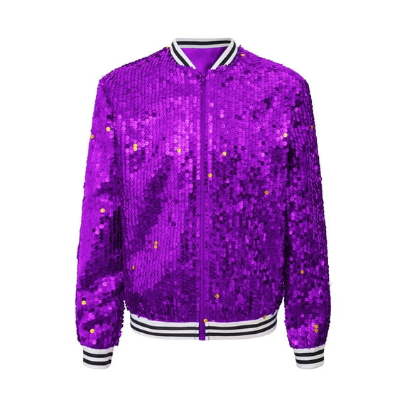 iEFiEL Girls Sparkle Bomber Flight Jacket Shiny Sequins Zipper Hip Hop Jazz Dance Performance Coat Tops Purple 12