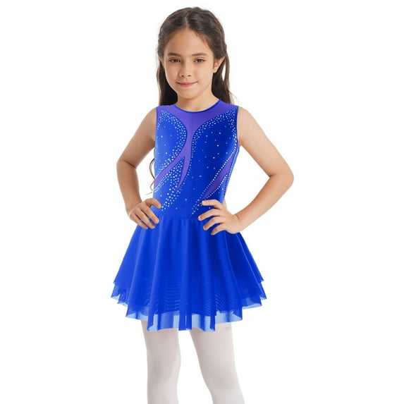 iEFiEL Girls Sparkle Rhinestone Figure Ice Skating Leotard Youth Dance Dress Juniors Gymnastics Skirted Leotard Royal Blue 10
