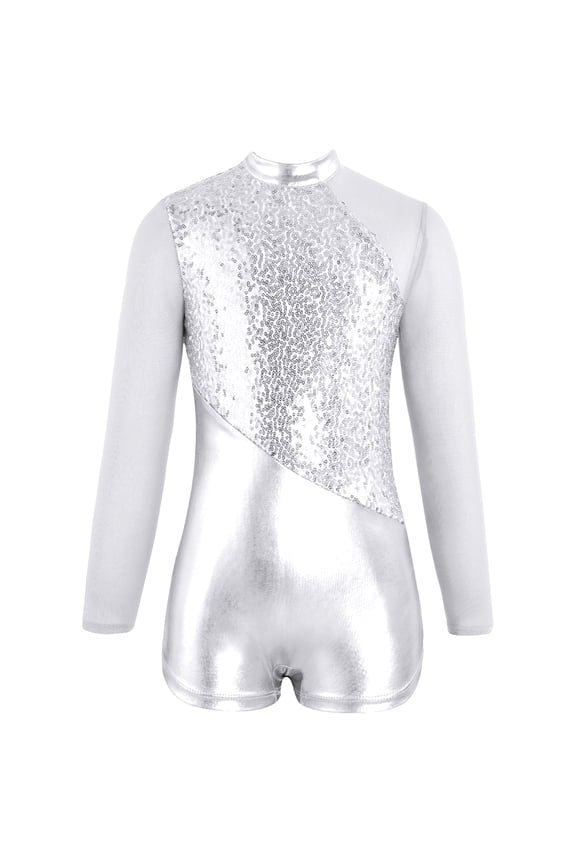Girls Sparkling Sequins Mesh Patchwork Dance Leotard Jumpsuit,Sizes 6-14