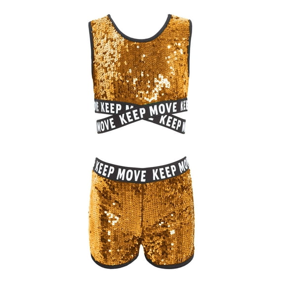 iEFiEL Girls Sparkly Sequins Ballet Dance Outfit Gymnastics Crop Top with Shorts Set Dancewear for Jazz Hip Hop Dance Gold 14