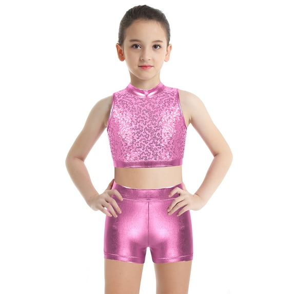 iEFiEL Girls Sparkly Sequins Ballet Dance Outfit Gymnastics Crop Top with Shorts Set Dancewear for Jazz Hip Hop Dance Pink 12