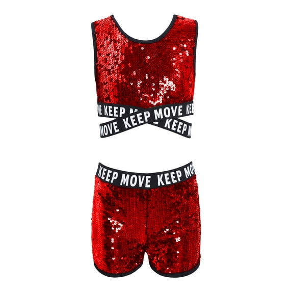 iEFiEL Girls Sparkly Sequins Ballet Dance Outfit Gymnastics Crop Top with Shorts Set Dancewear for Jazz Hip Hop Dance Red 4