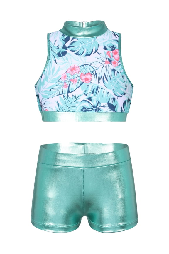 Girls Sparkly Sequins Ballet Dance Outfit Gymnastics Crop Top with Shorts Set Dancewear for Jazz Hip Hop Dance