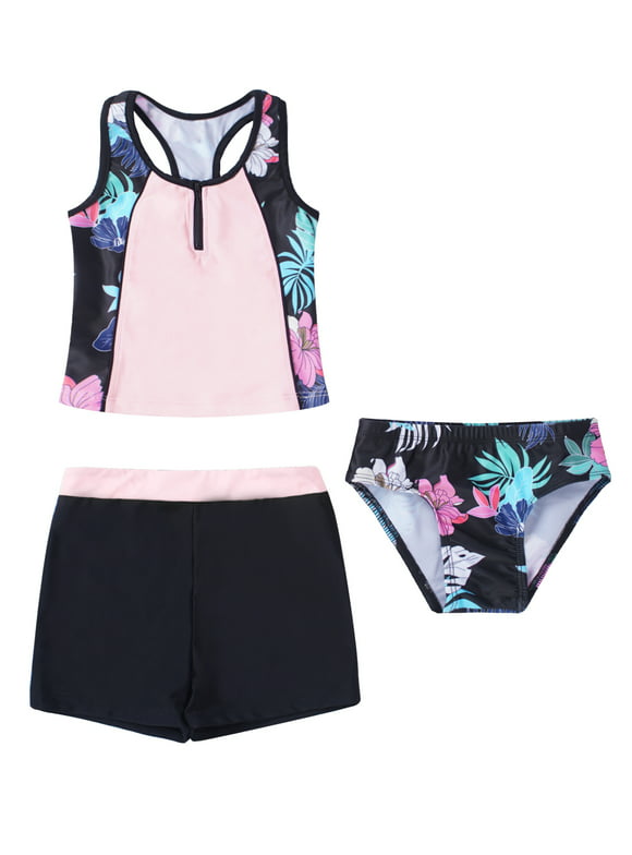iEFiEL Girls Stripped Bathing Suit Tankini Set Tweens Three-Piece Swimsuit Swimwear,Sizes 4-16 Black Floral 10