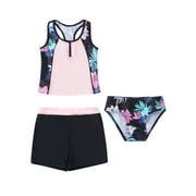 iEFiEL Girls Stripped Bathing Suit Tankini Set Tweens Three-Piece Swimsuit Swimwear,Sizes 4-16 Black Floral 14