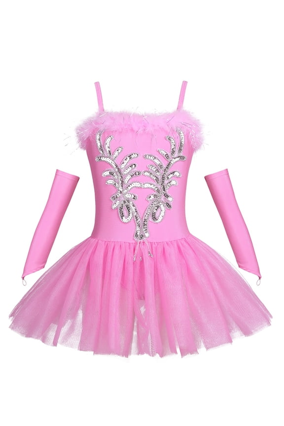Girls Swan Sequins Ballet Dance Leotard Dress with Gloves Hair Clip,Sizes 4-16
