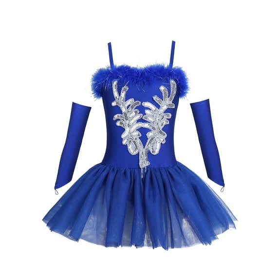 iEFiEL Girls Swan Sequins Ballet Dance Leotard Dress with Gloves Hair Clip,Sizes 4-16