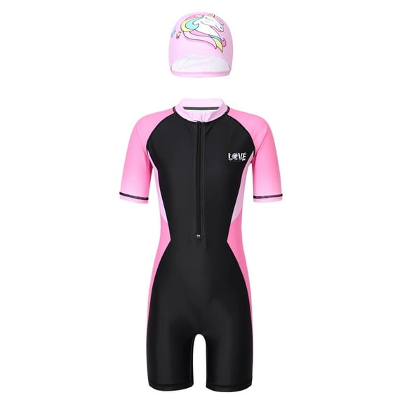 iEFiEL Girls Swimwear One-Piece Short Sleeve Colorblock Swimming Jumpsuit with Hat Juniors Swimming Rash Guard Black 11-12