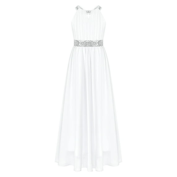 iEFiEL Girls Wedding Bridesmaid Dress Sparkle Sequins Chiffon Dress Cut-Out Floor Length Party Gown White 6