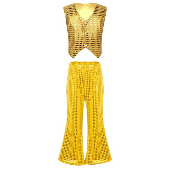 iEFiEL Girls Youth Two-piece Stage Performance Outfit Shiny Sequins Vest with Flare Pants Set Jazz Hip Hop Dancewear Gold 7-8