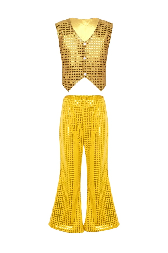 Girls Youth Two-piece Stage Performance Outfit Shiny Sequins Vest with Flare Pants Set Jazz Hip Hop Dancewear Gold 7-8