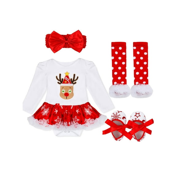 iEFiEL Infant Baby Girls Christmas Outfit Tutu Romper Set with Headband Leg Warmer Shoes