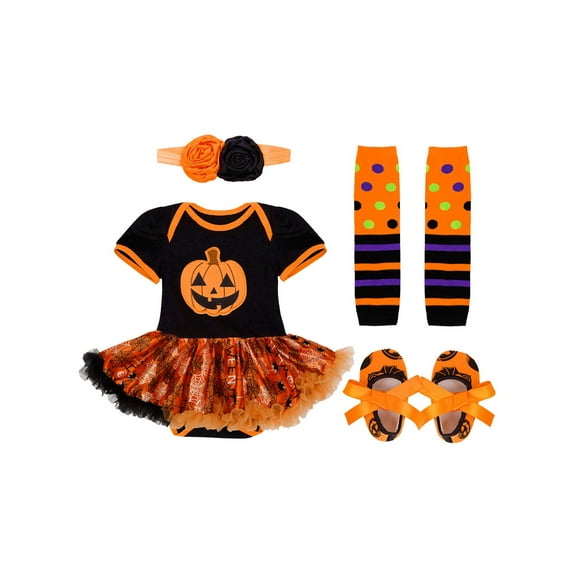 iEFiEL Infant Baby Girls Halloween Costume Pumpkin Outfit Romper with Leg Warmer Shoes Set