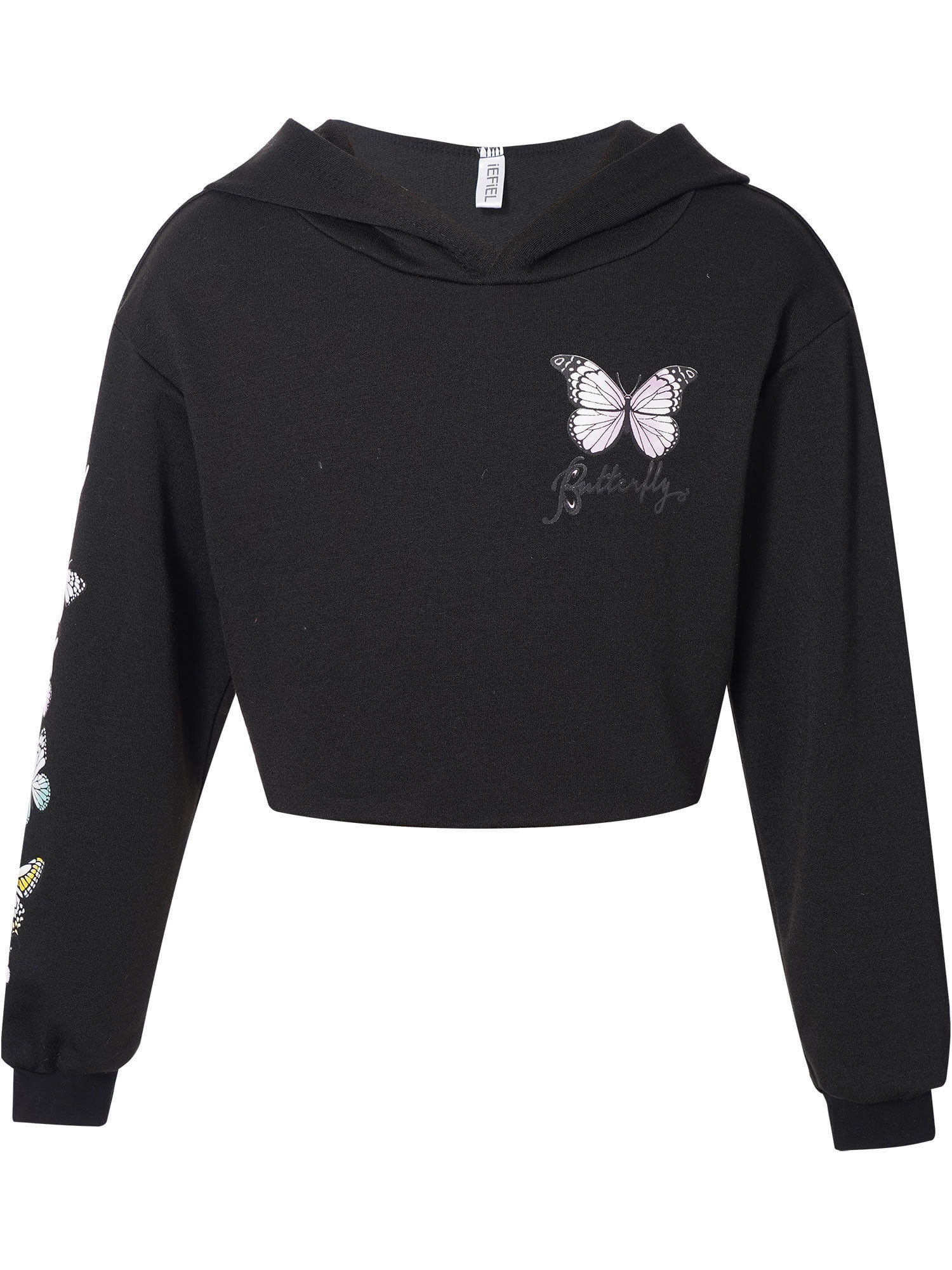 iEFiEL Kid Girls Butterflies Printed Hoodies Long Sleeve Dance Crop Top