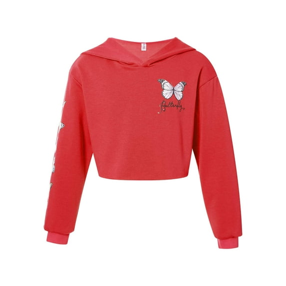 iEFiEL Kid Girls Butterflies Printed Hoodies Long Sleeve Dance Crop Top Pullover Sweatshirt Red 10