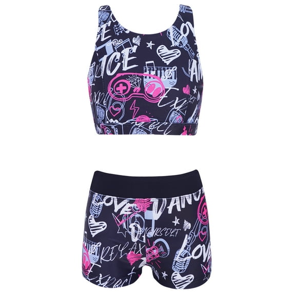 iEFiEL Kids Big Little Girls Floral Pattern Printed Swimwear Two Piece Tankini Set Bathing Suit Black Rose Red 8