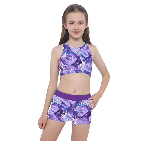 iEFiEL Kids Big Little Girls Floral Pattern Printed Swimwear Two Piece Tankini Set Bathing Suit Purple 6