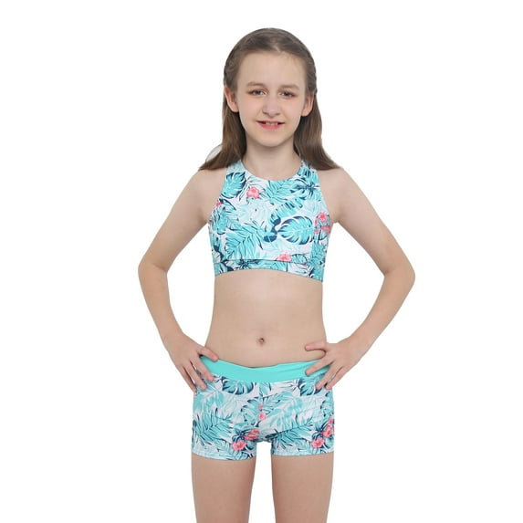 iEFiEL Kids Big Little Girls Floral Pattern Printed Swimwear Two Piece Tankini Set Bathing Suit Turquoise 6