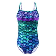 iEFiEL Kids Big Little Girls One-piece Jumpsuit Swimwear Adjustable Straps Open Back Bathing Suit Purple&Green Fish Scales 16
