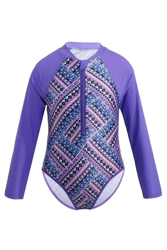 Kids Big Little Girls One-piece Swimsuit Zippered Rash Guard Bathing Suit Purple 10
