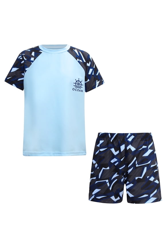 Kids Boys 2-piece Swimsuit Quickly-dry Camouflage Print Swimwear Pool Swimming Bathing Suit Sky Blue 11-12