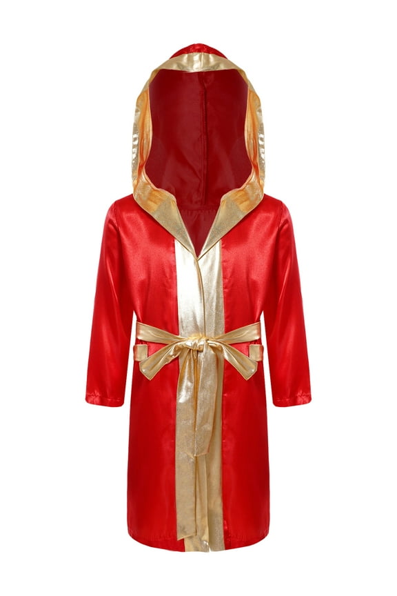 Kids Boys Boxing Robe Boxer Training Clothes Long Sleeve Open Front Satin Hooded Cloak with Belt Burgundy 10