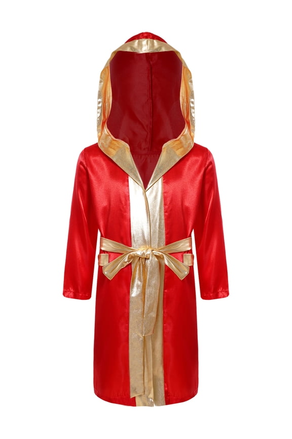 Kids Boys Boxing Robe Boxer Training Clothes Long Sleeve Open Front Satin Hooded Cloak with Belt Burgundy 12